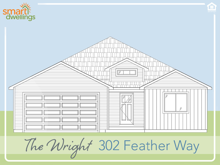 Computer line drawing of single-story home with charming dormer over the front porch, a two car garage and front room